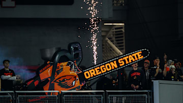 Nov 8, 2025; Corvallis, Oregon, USA; Oregon State Beavers chainsaw in action during the first quarter against the Sam Houston Bearkats at Reser Stadium. Mandatory Credit: Craig Strobeck-Imagn Images