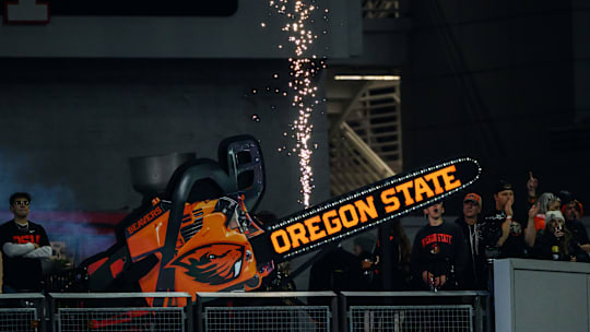 Nov 8, 2025; Corvallis, Oregon, USA; Oregon State Beavers chainsaw in action during the first quarter against the Sam Houston Bearkats at Reser Stadium. Mandatory Credit: Craig Strobeck-Imagn Images