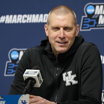 Mar 20, 2025; Milwaukee, WI, USA;  Kentucky Wildcats head coach Mark Pope speaks during an NCAA Tournament First Round Practice press conference at Fiserv Forum. Mandatory Credit: Jeff Hanisch-Imagn Images