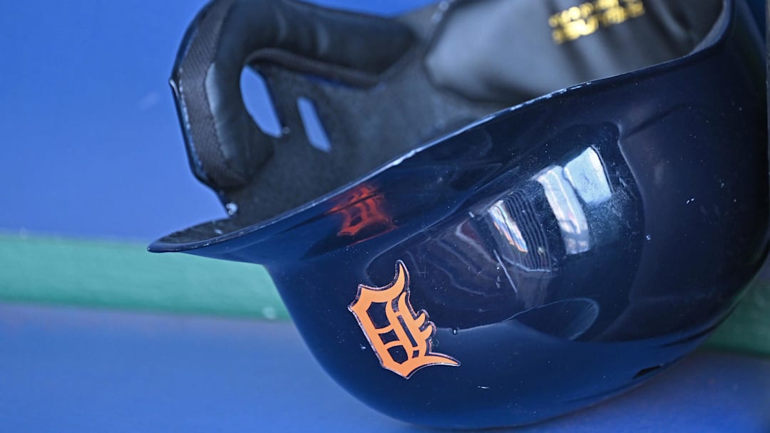 May 21, 2024; Kansas City, Missouri, USA;  A general view of a Detroit Tigers batting helmet in the dugout before a game against the Kansas City Royals at Kauffman Stadium. Mandatory Credit: Peter Aiken-Imagn Images