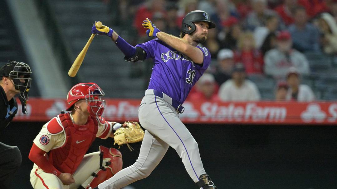 Jun 1, 2026; Anaheim, California, USA; Colorado Rockies designated hitter Sterlin Thompson (30) hits a RBI single during the fifth inning against the Los Angeles Angels at Angel Stadium. Mandatory Credit: Jayne Kamin-Oncea-Imagn Images Jun 1, 2026; Anaheim, California, USA; Colorado Rockies designated hitter Sterlin Thompson (30) hits a RBI single during the fifth inning against the Los Angeles Angels at Angel Stadium. Mandatory Credit: Jayne Kamin-Oncea-Imagn Images