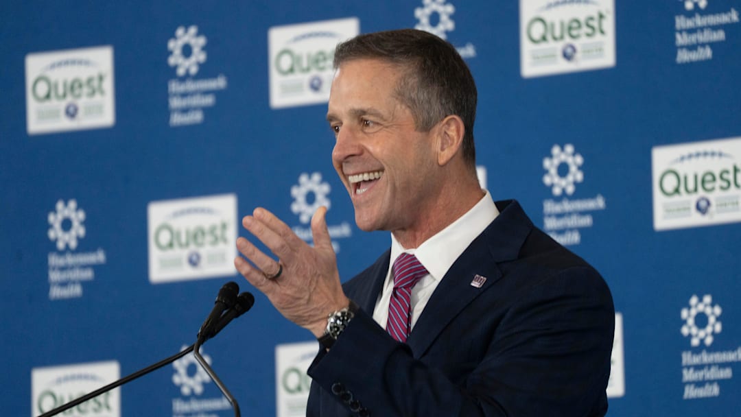 New Giants Head Coach John Harbaugh speaks during a press conference welcoming Harbaugh at the Quest Diagnostics Training Center in East Rutherford on Tuesday, Jan. 20, 2025.