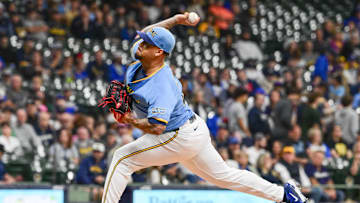 Sep 27, 2024; Milwaukee, Wisconsin, USA; Milwaukee Brewers starting pitcher Frankie Montas (47) pitches in the first inning against the New York Mets at American Family Field. Mandatory Credit: Benny Sieu-Imagn Images