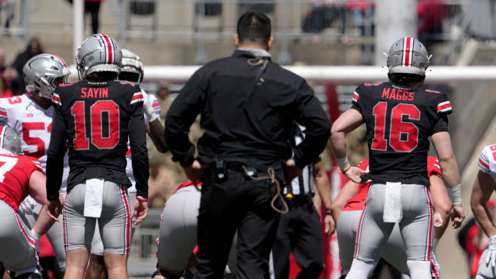 April 13, 2024; Columbus, Ohio, USA; 
Ohio State Buckeyes head football coach Ryan Day watches quarterbacks Julian Sayin (10) and Mason Maggs (16) during the second half of the LifeSports Spring Game at Ohio Stadium on Saturday.