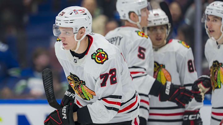 Mar 15, 2025; Vancouver, British Columbia, CAN; Chicago Blackhawks defenseman Alex Vlasic (72) celebrates his goal against the Vancouver Canucks in the second period at Rogers Arena. Mandatory Credit: Bob Frid-Imagn Images