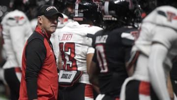 Texas Tech head football coach Joey McGuire gives instructions during the team's Spring Game scrimmage, Saturday, April 20, 2024, at the Sports Performance Center.