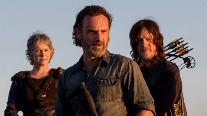 Melissa McBride as Carol Peletier, Andrew Lincoln as Rick Grimes, Norman Reedus as Daryl Dixon in The Walking Dead Season 8 Episode 16