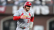 Sep 23, 2025; San Francisco, California, USA; St. Louis Cardinals second baseman Brendan Donovan (33) runs to third base against the San Francisco Giants during the first inning at Oracle Park. Mandatory Credit: Eakin Howard-Imagn Images
