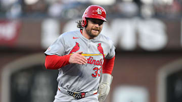 Sep 23, 2025; San Francisco, California, USA; St. Louis Cardinals second baseman Brendan Donovan (33) runs to third base against the San Francisco Giants during the first inning at Oracle Park. Mandatory Credit: Eakin Howard-Imagn Images