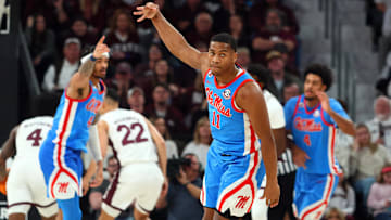 Jan 18, 2025; Starkville, Mississippi, USA; Mississippi Rebels guard Matthew Murrell (11) reacts after a three point basket during the second half against the Mississippi State Bulldogs at Humphrey Coliseum. Mandatory Credit: Petre Thomas-Imagn Images