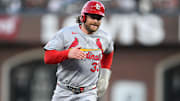 Sep 23, 2025; San Francisco, California, USA; St. Louis Cardinals second baseman Brendan Donovan (33) runs to third base against the San Francisco Giants during the first inning at Oracle Park. Mandatory Credit: Eakin Howard-Imagn Images