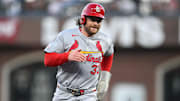 Sep 23, 2025; San Francisco, California, USA; St. Louis Cardinals second baseman Brendan Donovan (33) runs to third base against the San Francisco Giants during the first inning at Oracle Park. Mandatory Credit: Eakin Howard-Imagn Images