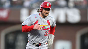 Sep 23, 2025; San Francisco, California, USA; St. Louis Cardinals second baseman Brendan Donovan (33) runs to third base against the San Francisco Giants during the first inning at Oracle Park. Mandatory Credit: Eakin Howard-Imagn Images