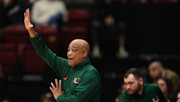 Jan 22, 2025; Stanford, California, USA; Miami (FL) Hurricanes interim head coach Bill Courtney reacts against the Stanford Cardinal in the second half at Maples Pavilion. Mandatory Credit: Eakin Howard-Imagn Images