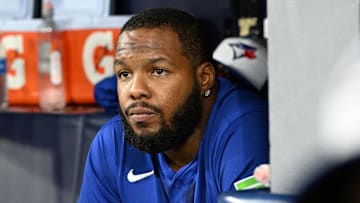 Oct 13, 2025; Toronto, Ontario, CAN; Toronto Blue Jays first baseman Vladimir Guerrero Jr. (27) looks on in the fifth inning against the Seattle Mariners during game two of the ALCS round for the 2025 MLB playoffs at Rogers Centre. Mandatory Credit: Dan Hamilton-Imagn Images