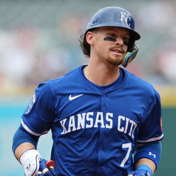 Kansas City Royals shortstop Bobby Witt Jr. (7) rounds the bases after hitting a home run during the third inning against the Cleveland Guardians at Progressive Field on Aug 28.