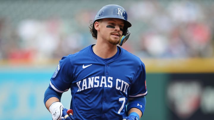 Kansas City Royals shortstop Bobby Witt Jr. (7) rounds the bases after hitting a home run during the third inning against the Cleveland Guardians at Progressive Field on Aug 28.