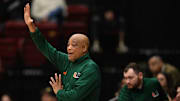 Jan 22, 2025; Stanford, California, USA; Miami (FL) Hurricanes interim head coach Bill Courtney reacts against the Stanford Cardinal in the second half at Maples Pavilion. Mandatory Credit: Eakin Howard-Imagn Images