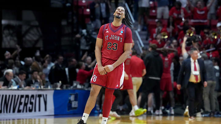 Mar 22, 2026; San Diego, CA, USA; St. John's basketball forward Bryce Hopkins (23) celebrates after defeating the Kansas Jayhawks during a second round game of the men's 2026 NCAA Tournament at Viejas Arena.