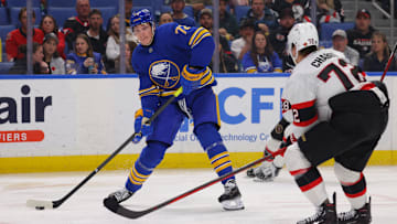 Nov 5, 2024; Buffalo, New York, USA;  Buffalo Sabres center Tage Thompson (72) takes a shot on goal during the second period against the Ottawa Senators at KeyBank Center. Mandatory Credit: Timothy T. Ludwig-Imagn Images