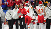 Nov 17, 2024; Orchard Park, New York, USA; Kansas City Chiefs defensive coordinator Steve Spagnuolo looks on from the sideline during the first half against the Buffalo Bills at Highmark Stadium. Mandatory Credit: Gregory Fisher-Imagn Images