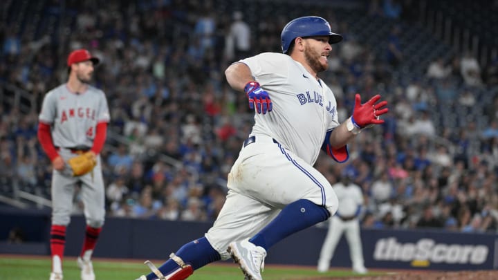 Toronto Blue Jays catcher Alejandro Kirk (30) rounds the first base after hitting a double against the Los Angeles Angels in the eighth inning at Rogers Centre on Aug 22.