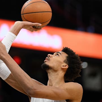 Feb 10, 2025; Washington, District of Columbia, USA; San Antonio Spurs center Victor Wembanyama (1) warms up before the game between the Washington Wizards and the San Antonio Spurs at Capital One Arena.