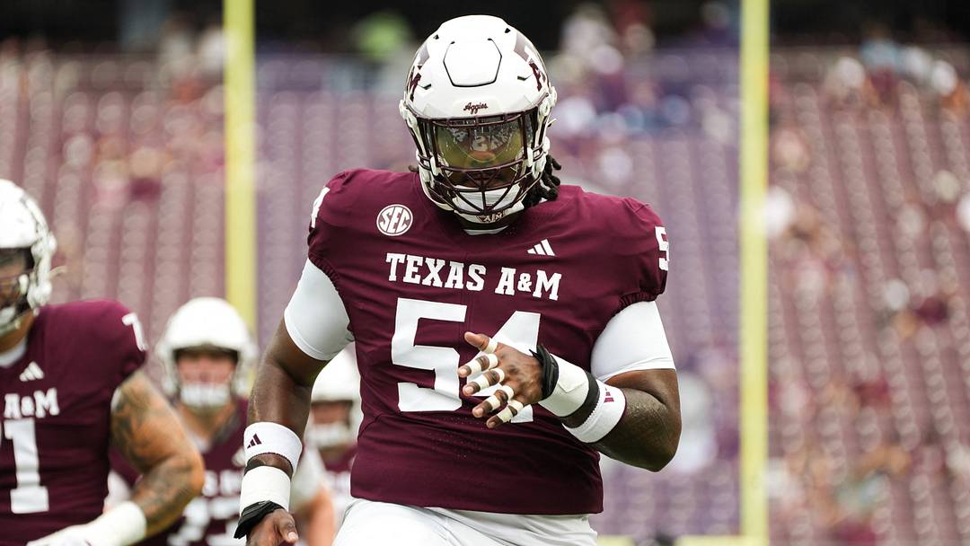 Sep 6, 2025; College Station, Texas, USA; Texas A&M Aggies offensive lineman Mark Nabou Jr. (54) warming up during pregame against the Utah State Aggies at Kyle Field. Mandatory Credit: Sean Thomas-Imagn Images Sep 6, 2025; College Station, Texas, USA; Texas A&M Aggies offensive lineman Mark Nabou Jr. (54) warming up during pregame against the Utah State Aggies at Kyle Field. Mandatory Credit: Sean Thomas-Imagn Images