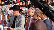 (Left)Pat McAfee, Joey McGuire, Nick Saban and Kirk Herbstreit watch a screen during ESPN's College GameDay live broadcast on the Texas Tech University campus in Lubbock, Texas.