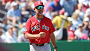 Feb 28, 2025; Clearwater, Florida, USA;  Boston Red Sox manager Alex Cora (13) looks on during the first inning against the Philadelphia Phillies at BayCare Ballpark. Mandatory Credit: Kim Klement Neitzel-Imagn Images