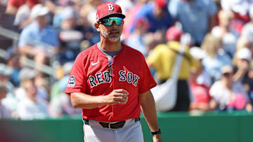 Feb 28, 2025; Clearwater, Florida, USA;  Boston Red Sox manager Alex Cora (13) looks on during the first inning against the Philadelphia Phillies at BayCare Ballpark. Mandatory Credit: Kim Klement Neitzel-Imagn Images