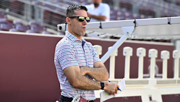 Aug 31, 2024; College Station, Texas, USA;  Houston Texans general manager Nick Caserio looks on prior to the game between the Texas A&M Aggies and the Notre Dame Fighting Irish at Kyle Field. Mandatory Credit: Maria Lysaker-Imagn Images