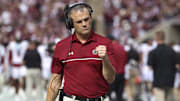 Nov 15, 2025; College Station, Texas, USA; South Carolina Gamecocks head coach Shane Beamer walks on the sideline before the game against the Texas A&M Aggies at Kyle Field. Mandatory Credit: Troy Taormina-Imagn Images