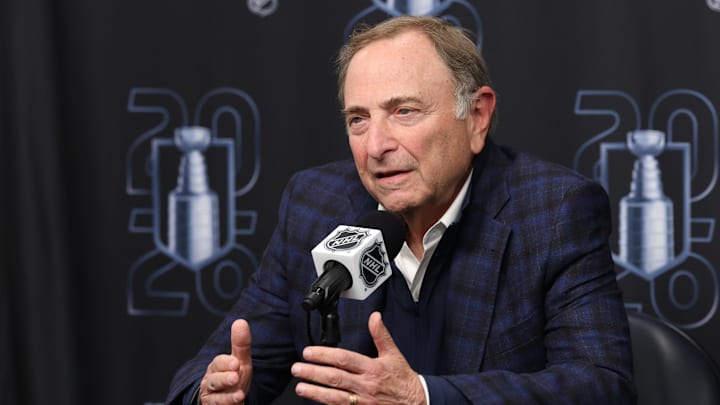 Apr 24, 2026; Salt Lake City, Utah, USA;  NHL commissioner Gary Bettman speaks to the media before game three of the first round of the 2026 Stanley Cup Playoffs between the Utah Mammoth and the Vegas Golden Knights at Delta Center. 
