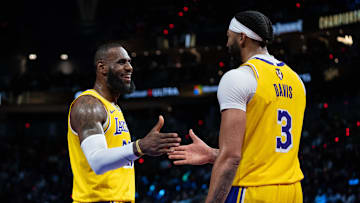 December 9, 2023; Las Vegas, Nevada, USA; Los Angeles Lakers forward LeBron James (23) celebrates with forward Anthony Davis (3) during the fourth quarter of the in-season tournament championship against the Indiana Pacers at T-Mobile Arena. Mandatory Credit: Kyle Terada-USA TODAY Sports
