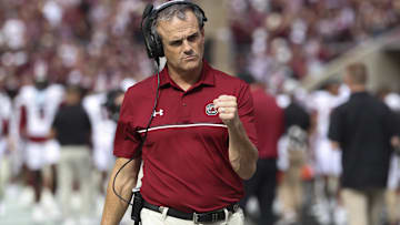 Nov 15, 2025; College Station, Texas, USA; South Carolina Gamecocks head coach Shane Beamer walks on the sideline before the game against the Texas A&M Aggies at Kyle Field. Mandatory Credit: Troy Taormina-Imagn Images