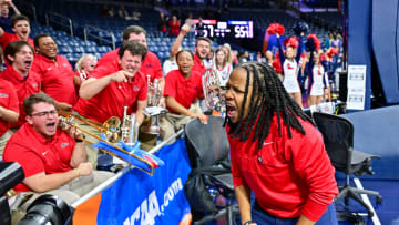 Mar 23, 2024; South Bend, Indiana, USA; Ole Miss Rebels head coach Yolett McPhee-McCuin celebrates with the Ole Miss band after defeating the Marquette Golden Eagles 67-55 in the first round of the NCAA Tournament at the Purcell Pavilion. Mandatory Credit: Matt Cashore-USA TODAY Sports