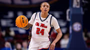Mar 6, 2025; Greenville, SC, USA; Ole Miss Rebels guard Madison Scott (24) brings the ball up court against the Mississippi State Bulldogs at Bon Secours Wellness Arena. Mandatory Credit: Scott Kinser-Imagn Images