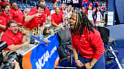 Mar 23, 2024; South Bend, Indiana, USA; Ole Miss Rebels head coach Yolett McPhee-McCuin celebrates with the Ole Miss band after defeating the Marquette Golden Eagles 67-55 in the first round of the NCAA Tournament at the Purcell Pavilion. Mandatory Credit: Matt Cashore-Imagn Images