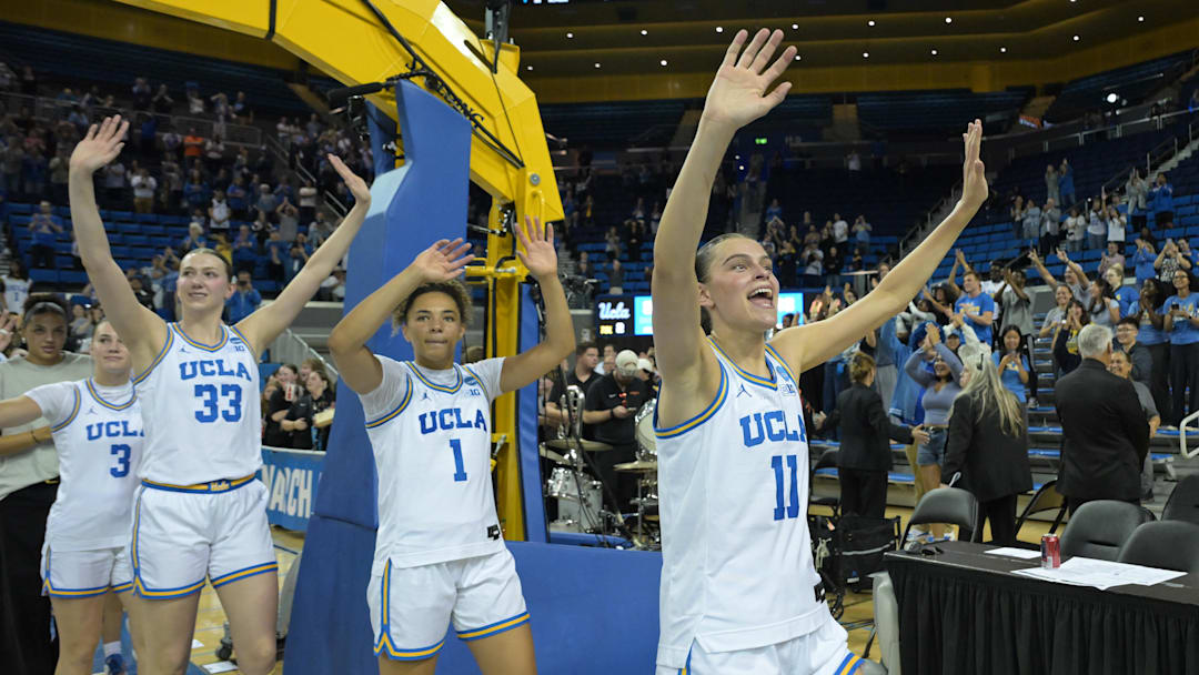 Mar 23, 2026; Los Angeles, CA, USA; UCLA Bruins forward Gabriela Jaquez (11), guard Kiki Rice (1) and forward Amanda Muse (33) celebrate after defeating against the Oklahoma State Cowboys in the second round of the women’s NCAA tournament at Pauley Pavilion. Mandatory Credit: Jayne Kamin-Oncea-Imagn Images Mar 23, 2026; Los Angeles, CA, USA; UCLA Bruins forward Gabriela Jaquez (11), guard Kiki Rice (1) and forward Amanda Muse (33) celebrate after defeating against the Oklahoma State Cowboys in the second round of the women’s NCAA tournament at Pauley Pavilion. Mandatory Credit: Jayne Kamin-Oncea-Imagn Images