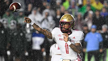 Sep 21, 2024; Chestnut Hill, Massachusetts, USA; Boston College Eagles quarterback Thomas Castellanos (1) throws a pass against the Michigan State Spartans during the first half at Alumni Stadium. Mandatory Credit: Eric Canha-Imagn Images
