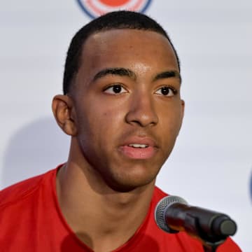 Apr 1, 2024; Houston, TX, USA; McDonald's All American East forward Bryson Tucker speaks during a press conference at JW Marriott Houston by The Galleria. Mandatory Credit: Maria Lysaker-USA TODAY Sports