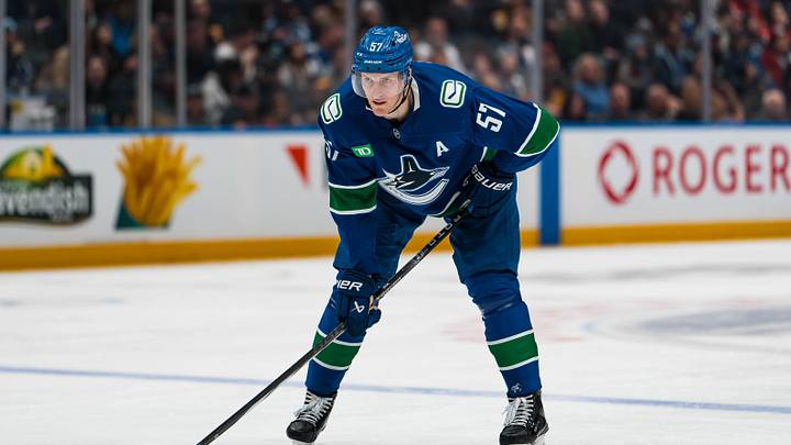 Jan 25, 2026; Vancouver, British Columbia, CAN; Vancouver Canucks defenseman Tyler Myers (57) during a stop in play against the Pittsburgh Penguins in the second period at Rogers Arena. Mandatory Credit: Bob Frid-Imagn Images