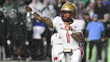 Sep 21, 2024; Chestnut Hill, Massachusetts, USA; Boston College Eagles quarterback Thomas Castellanos (1) throws a pass against the Michigan State Spartans during the first half at Alumni Stadium. Mandatory Credit: Eric Canha-Imagn Images