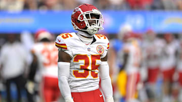 Sep 29, 2024; Inglewood, California, USA;  Kansas City Chiefs cornerback Jaylen Watson (35) celebrates after breaking up a pass for Los Angeles Chargers wide receiver Joshua Palmer (5) in the second half at SoFi Stadium. Mandatory Credit: Jayne Kamin-Oncea-Imagn Images