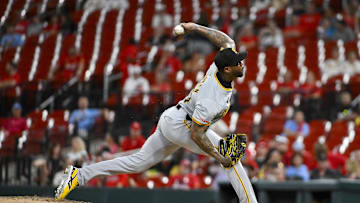 Sep 19, 2024; St. Louis, Missouri, USA;  Pittsburgh Pirates relief pitcher Aroldis Chapman (45) pitches against the St. Louis Cardinals during the ninth inning at Busch Stadium.