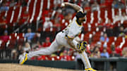 Sep 19, 2024; St. Louis, Missouri, USA;  Pittsburgh Pirates relief pitcher Aroldis Chapman (45) pitches against the St. Louis Cardinals during the ninth inning at Busch Stadium. Mandatory Credit: Jeff Curry-Imagn Images