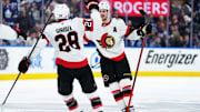 Apr 29, 2025; Toronto, Ontario, CAN; Ottawa Senators  defenseman Thomas Chabot (72) celebrates with right wing Claude Giroux (28) after a goal against the Toronto Maple Leafs in the second period during game five of the first round of the 2025 Stanley Cup Playoffs at Scotiabank Arena. Mandatory Credit: Nick Turchiaro-Imagn Images