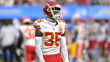 Kansas City Chiefs cornerback Jaylen Watson (35) celebrates after breaking up a pass for Los Angeles Chargers wide receiver Joshua Palmer (5) in the second half at SoFi Stadium.
