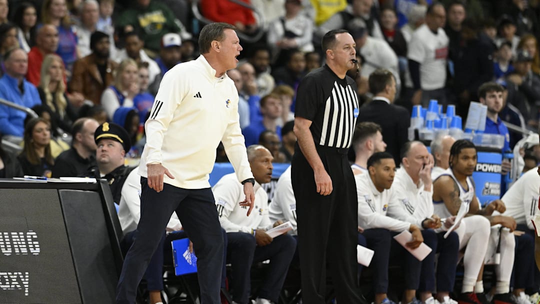 Mar 20, 2025; Providence, RI, USA;  Kansas Jayhawks head coach Bill Self reacts during the first half against the Arkansas Razorbacks at Amica Mutual Pavilion. Mandatory Credit: Eric Canha-Imagn Images